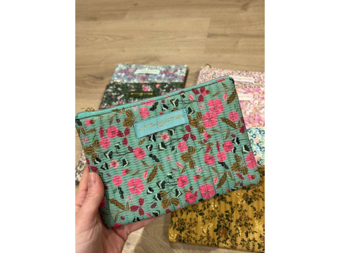 Pochette A5 coton matelassé Turquoise et rose