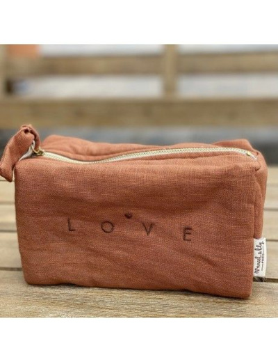 Trousse lin brodée LOVE - Cognac