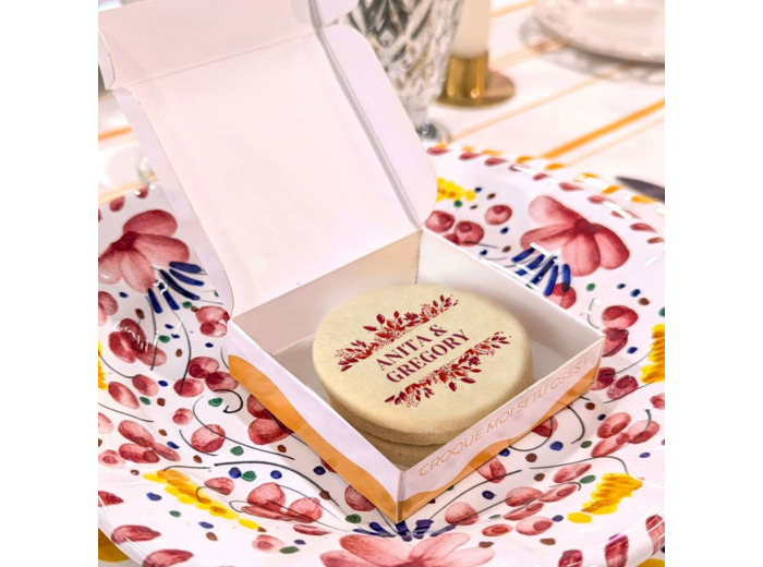 Boite de 3 biscuits personnalisés  – Mariage rouge bohème