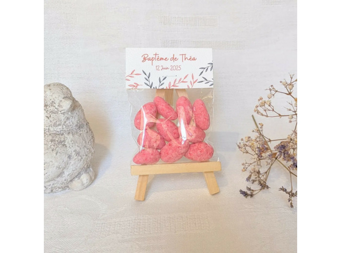 Sachet de pralines roses personnalisé – Cadeau invité baptême