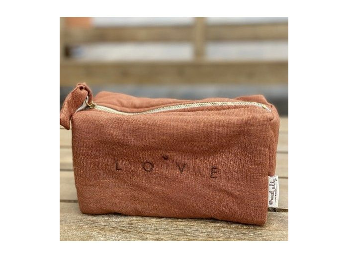 Trousse lin brodée LOVE - Cognac