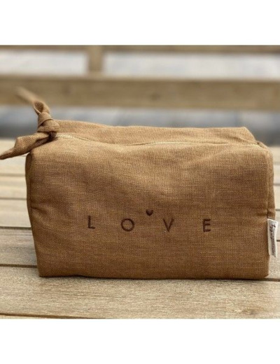 Trousse lin brodée LOVE - Ocre