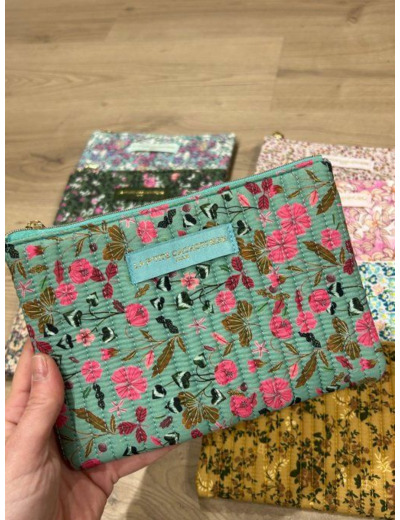 Pochette A5 coton matelassé Turquoise et rose