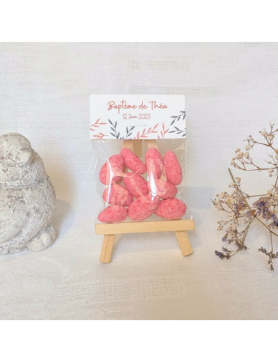 Sachet de pralines roses personnalisé – Cadeau invité baptême